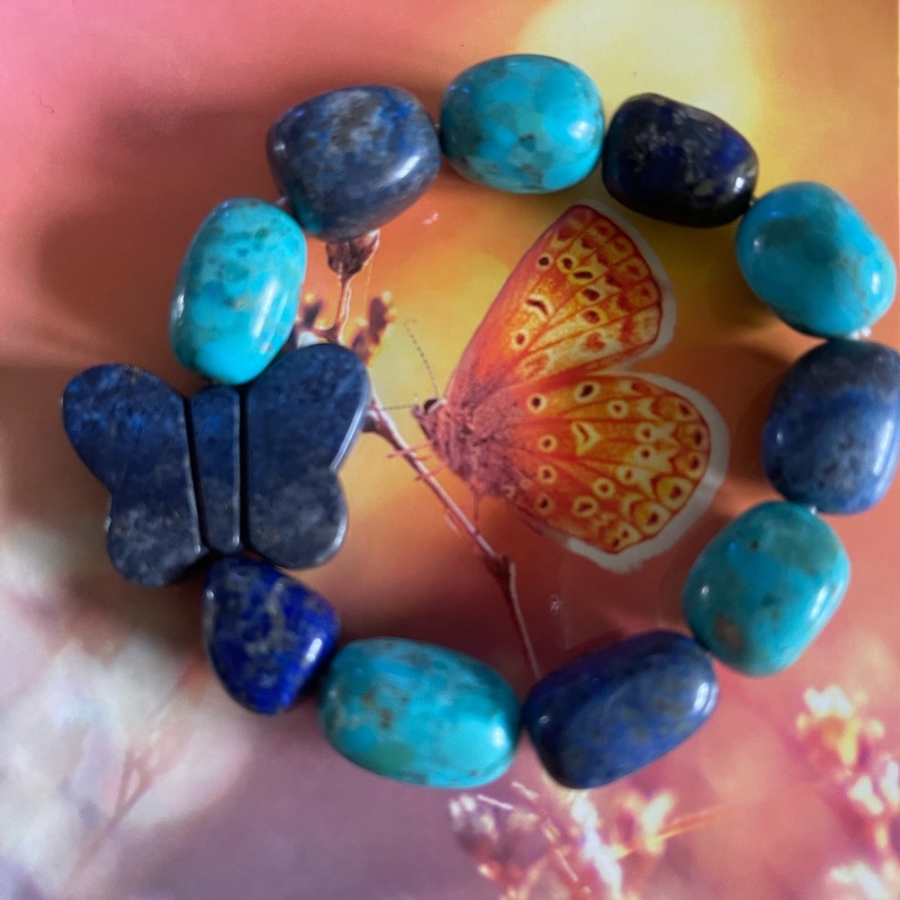Blue and Turquoise Butterfly Beaded Bracelet